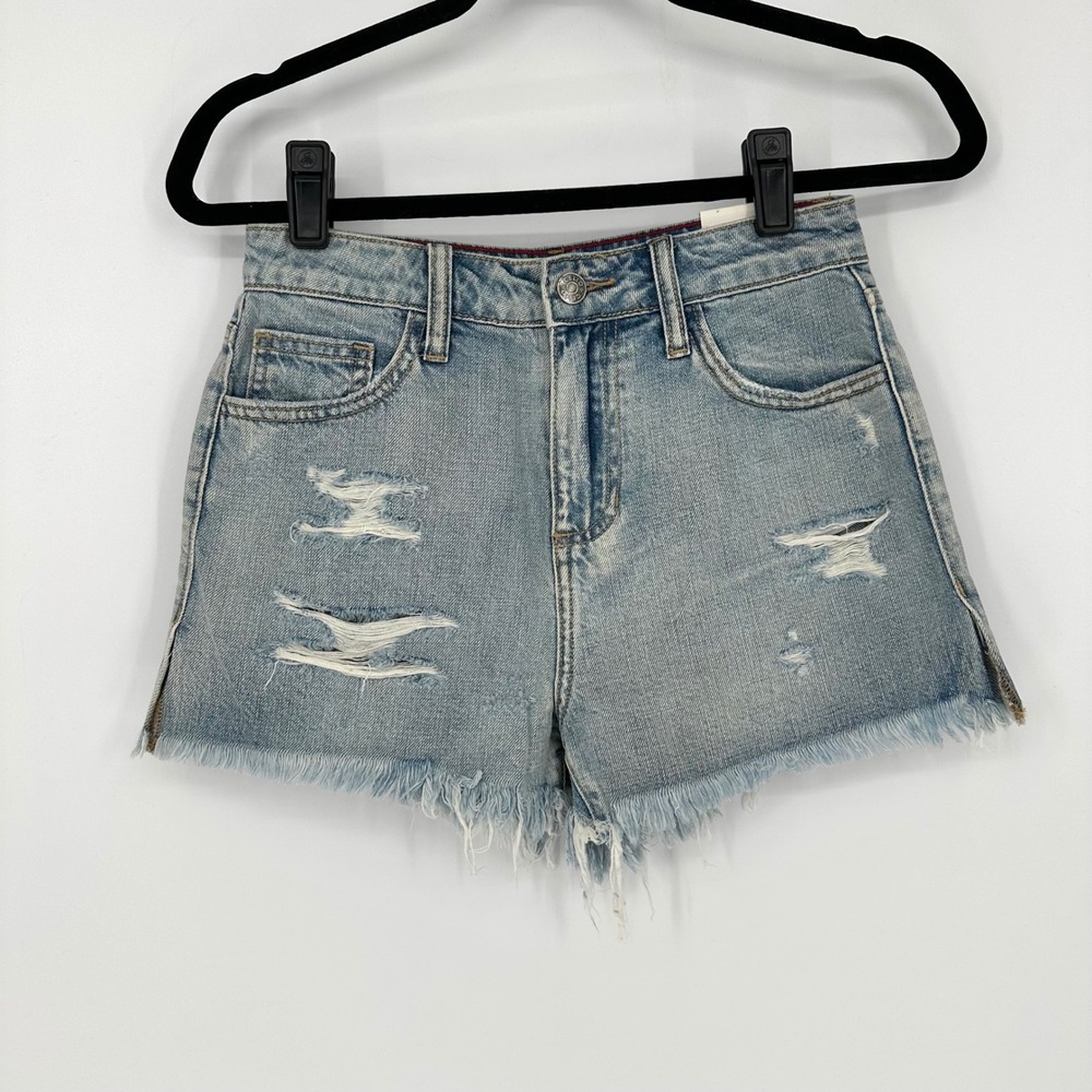 NEW Cello Blue Denim High Rise Frayed Hem Distressed Faded Shorts XS